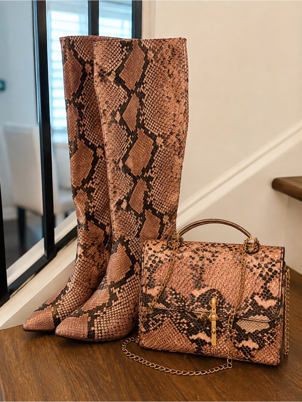 Python-Print Knee-High Boots and Matching Handbag in Brown